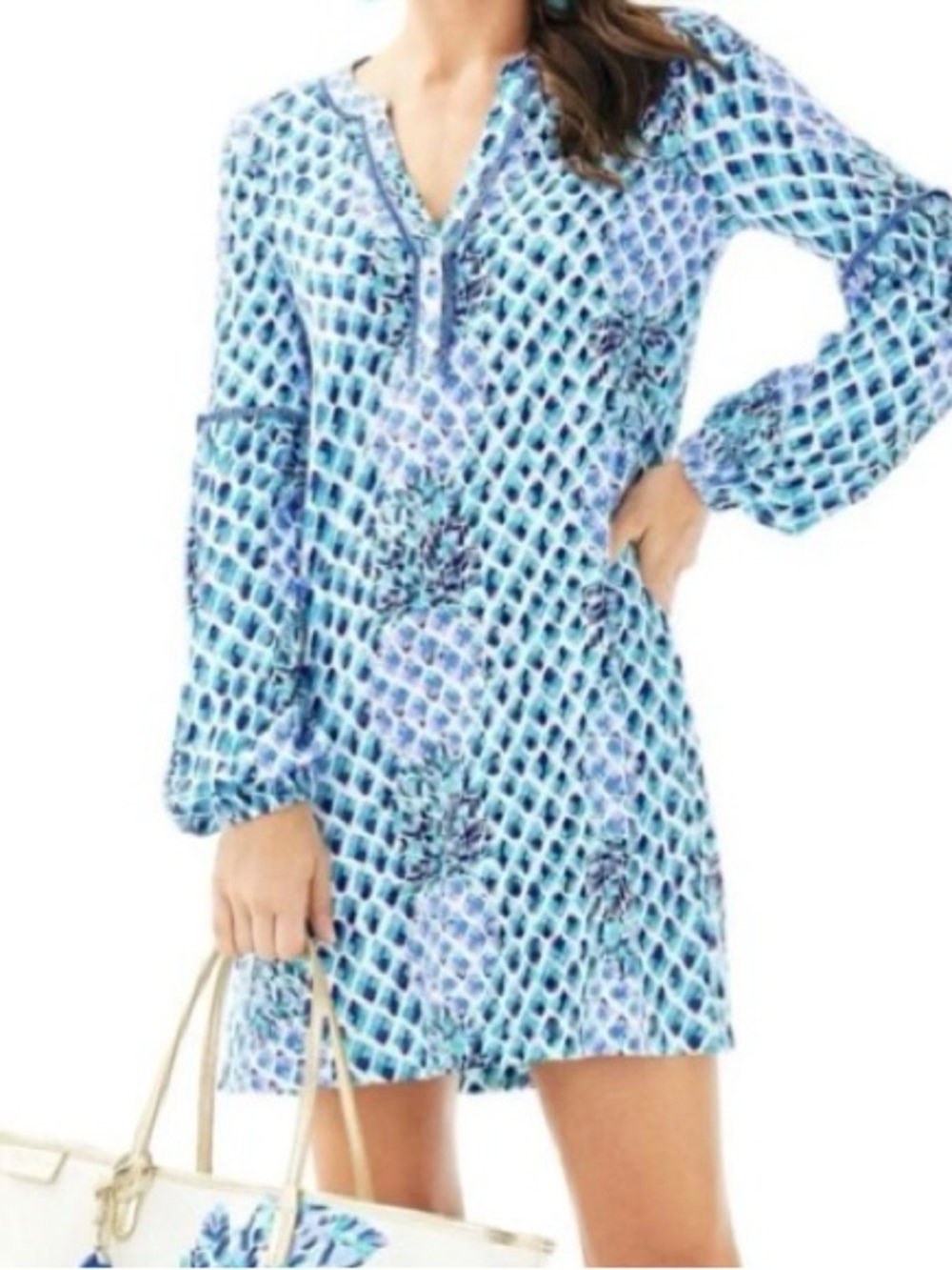 Lilly Pulitzer Toe in Blue White Pineapples Joy Long Sleeve Dress